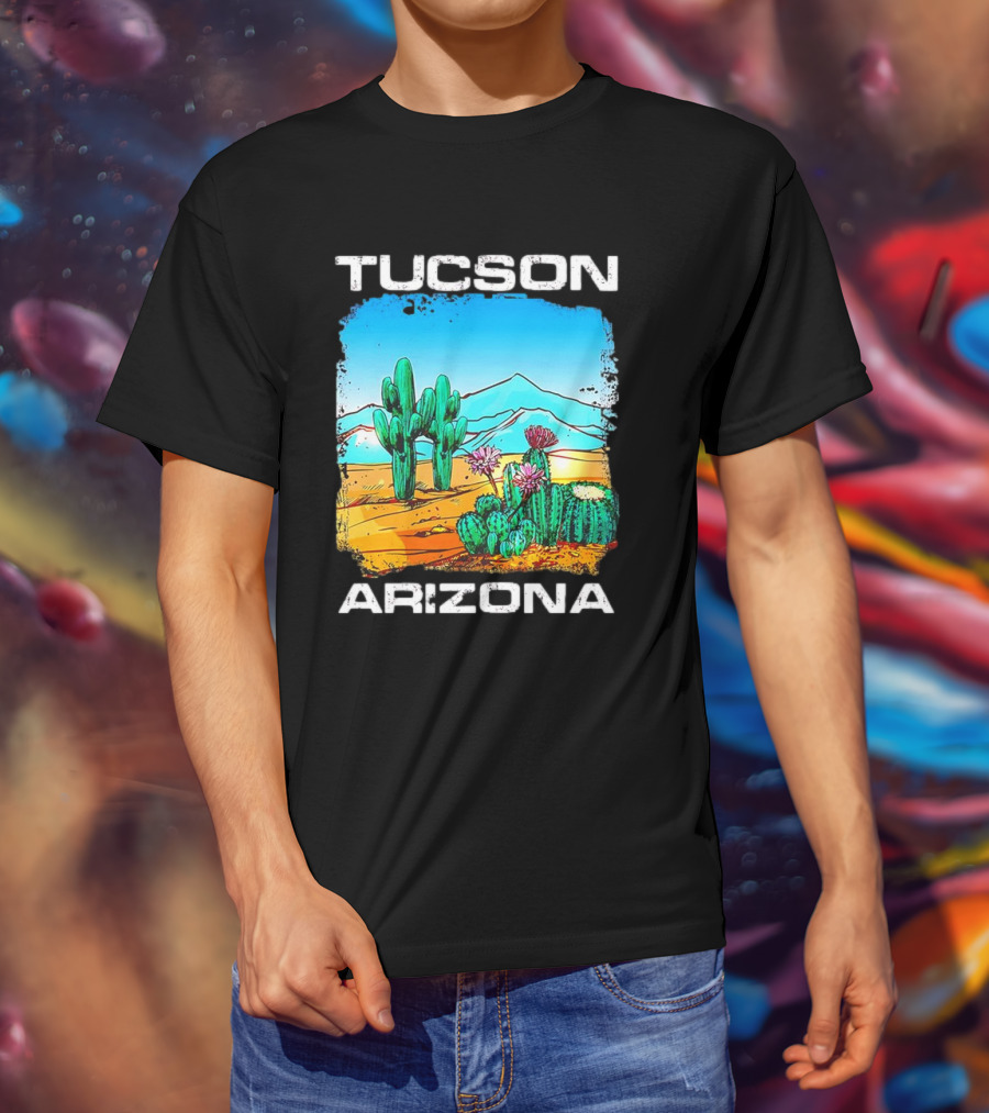 Tucson Arizona Retro Desert Scene With Cactus And Mountains T-Shirt