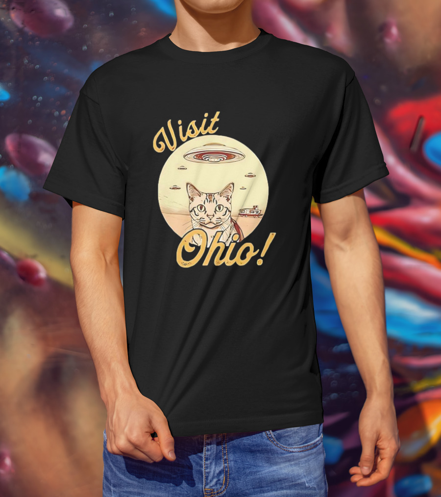 Visit Ohio Cat UFO Alien Spaceship Adventure T-Shirt