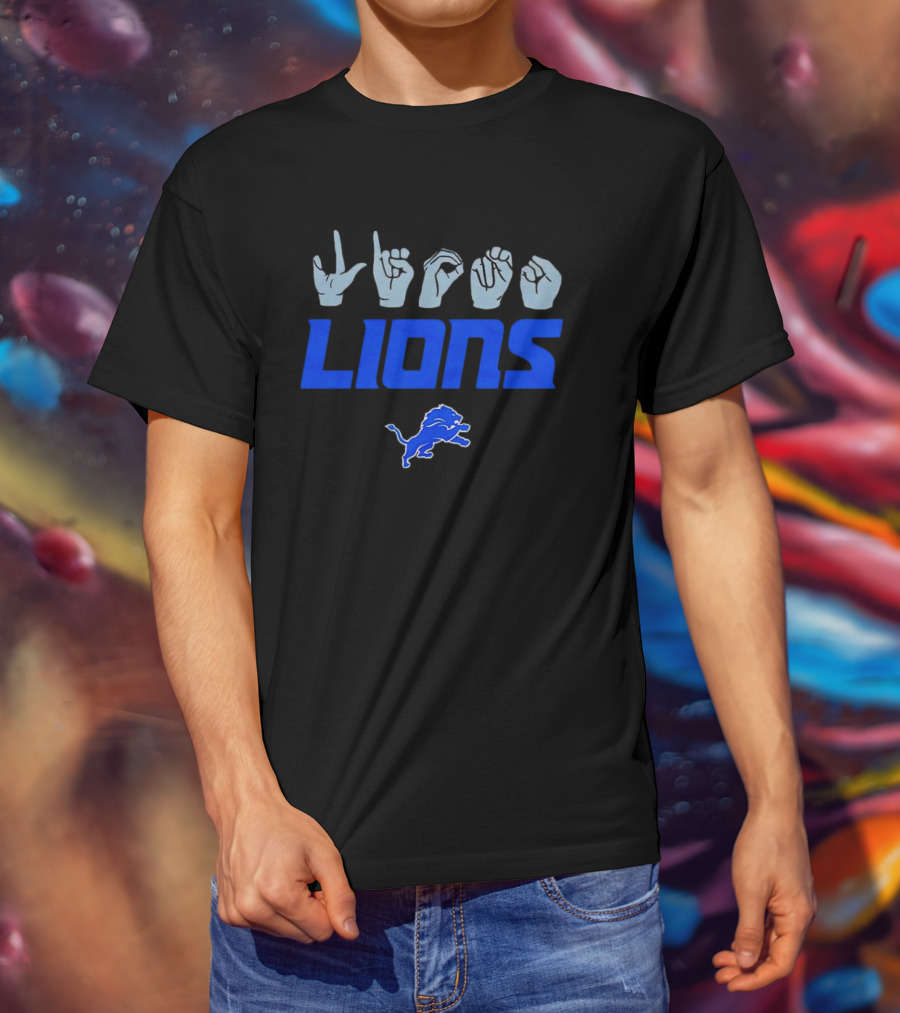 Love Sign With Detroit Lions ASL Logo And Blue Lion Emblem T-Shirt