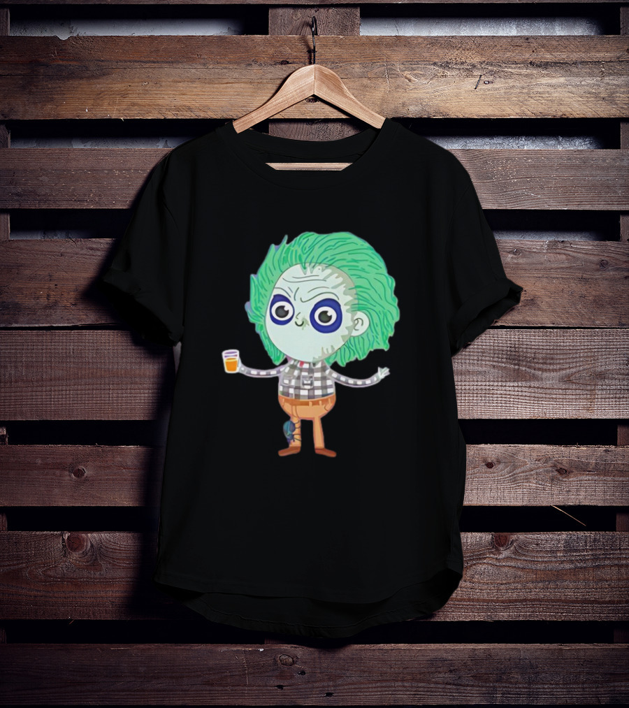 Beetlejuice Ghost Exorcist Cartoon Character With Drink T-Shirt