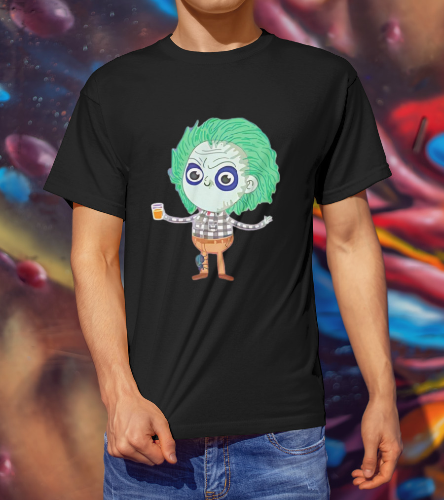 Beetlejuice Ghost Exorcist Cartoon Character With Drink T-Shirt