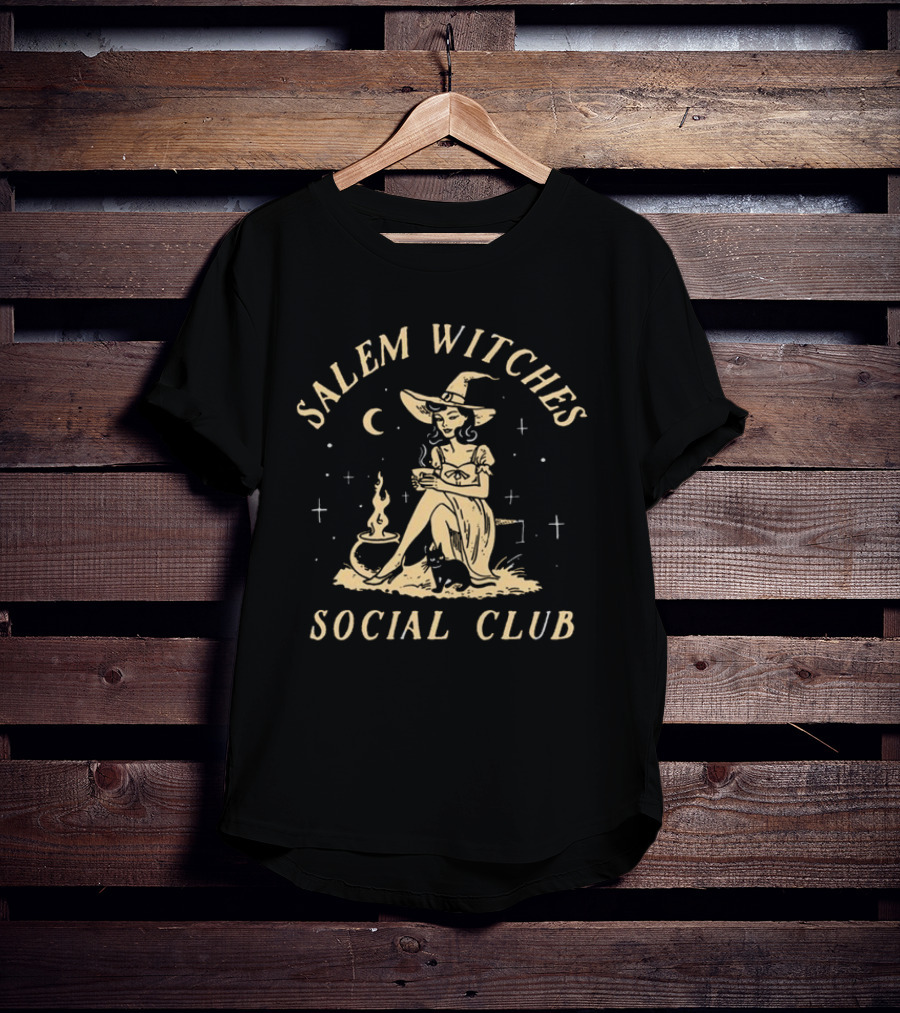 Salem Witches Social Club Moonlit Gathering With Cauldron And Cat T-Shirt
