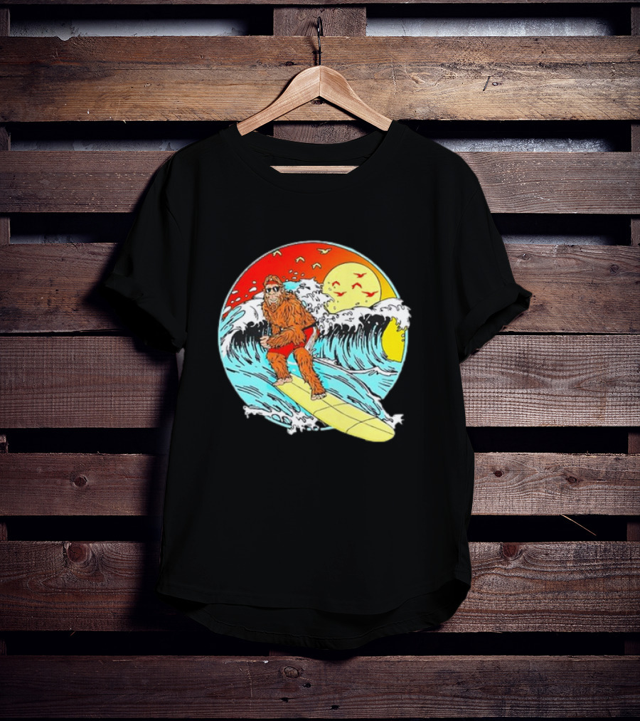 Bigfoot Surfing Sasquatch Retro 80s Beach Waves Sun Fun T-Shirt