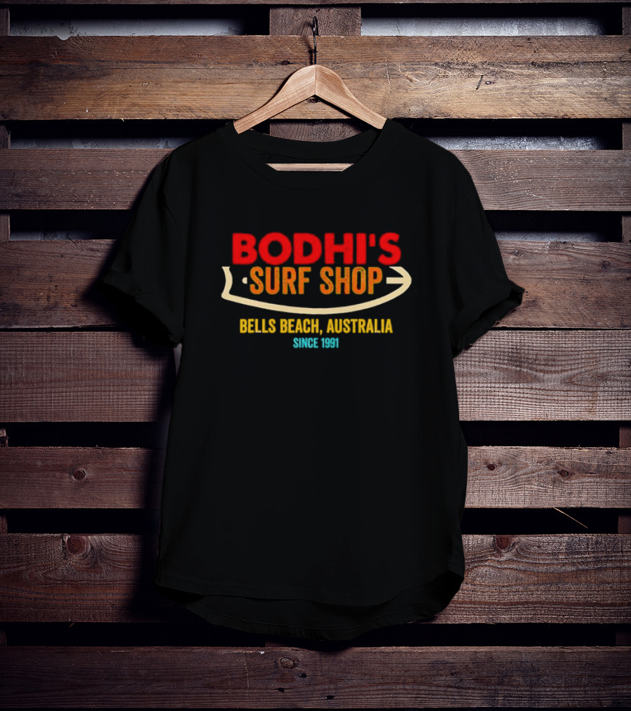 Bodhi's Surf Shop Bells Beach Australia Retro Surfboard Since 1991 T-Shirt