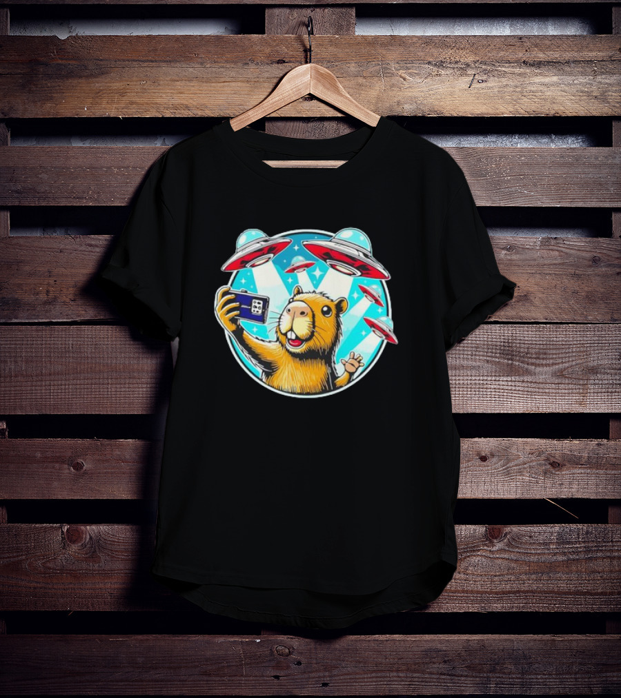 Capybara Taking Selfie With UFO Fleet Overhead T-Shirt