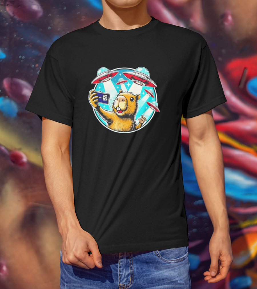 Capybara Taking Selfie With UFO Fleet Overhead T-Shirt