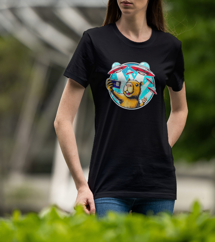 Capybara Taking Selfie With UFO Fleet Overhead T-Shirt