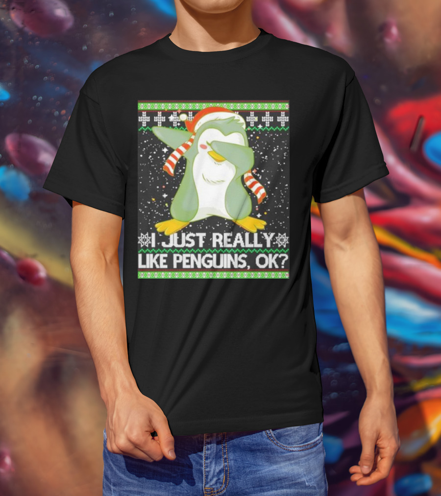 I Just Really Like Penguins Ok Ugly Christmas Cute Dabbing Penguin T-Shirt