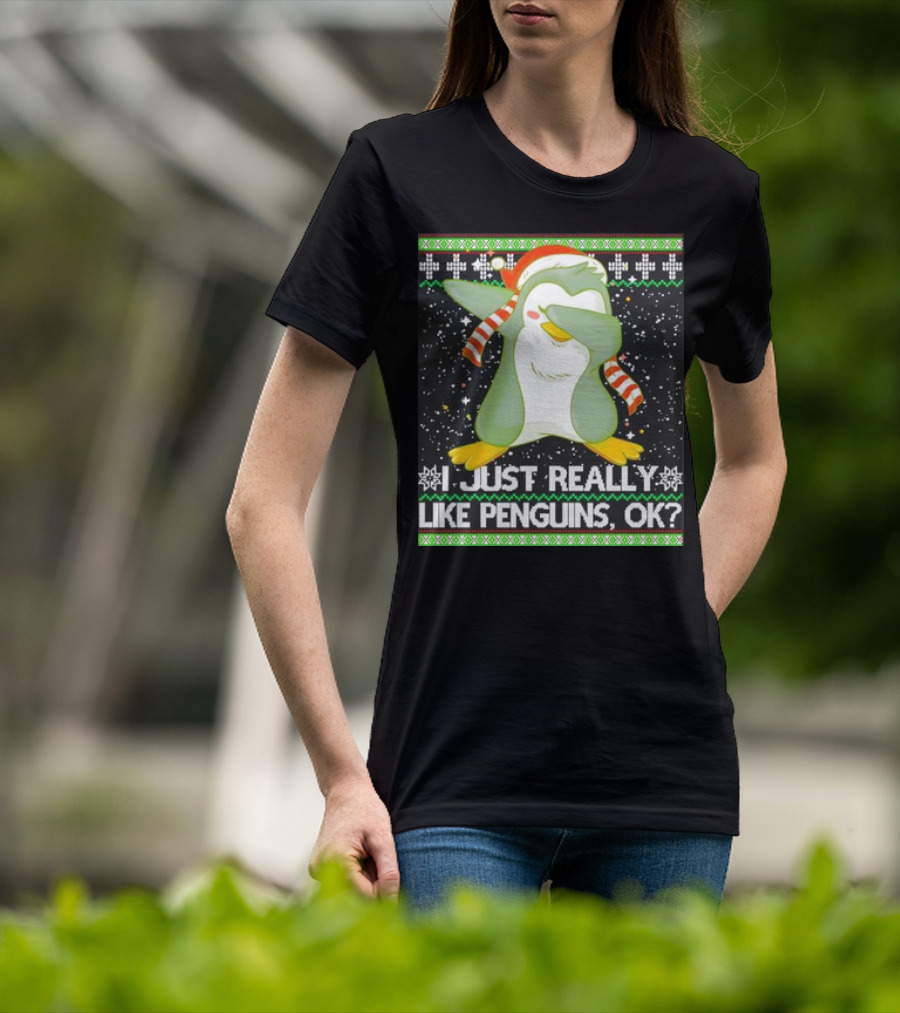 I Just Really Like Penguins Ok Ugly Christmas Cute Dabbing Penguin T-Shirt