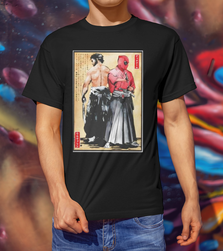 Mutant Samurai And Red Ronin Deadpool Wolverine Woodblock T-Shirt