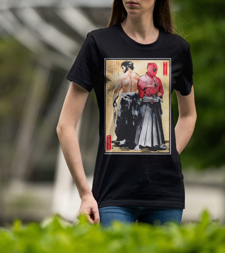 Mutant Samurai And Red Ronin Deadpool Wolverine Woodblock T-Shirt