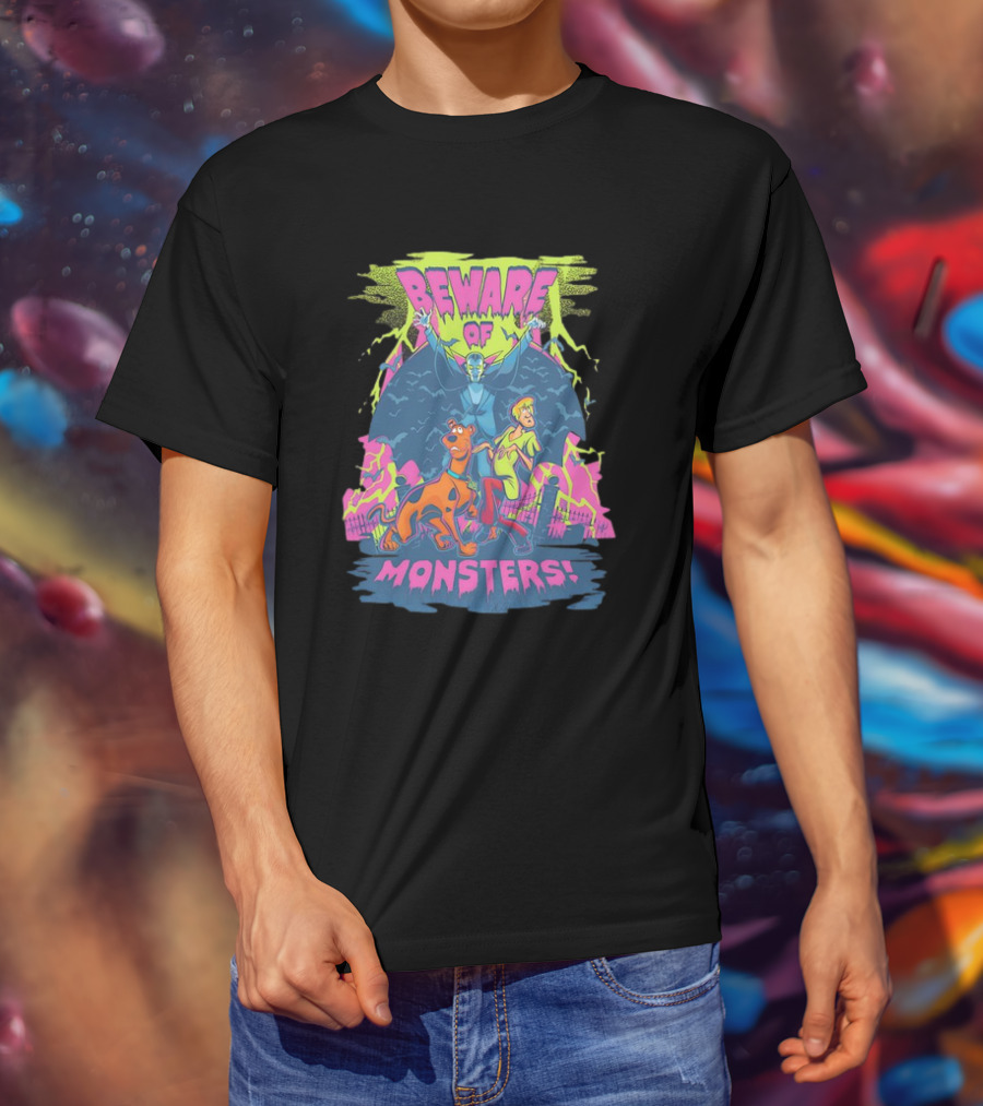 Beware Of Monsters Scooby Doo And Shaggy In Haunted Scene T-Shirt