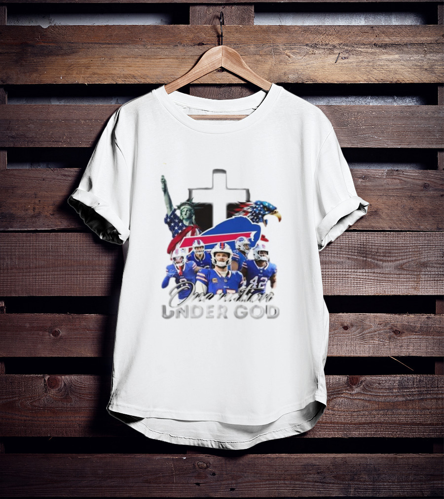 Buffalo Bills One Nation Under God American Flag Eagle Cross Statue Of Liberty Football Players T-Shirt