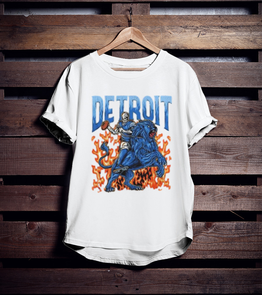 Detroit Lions Skeleton Quarterback Riding Flaming Blue Lion T-Shirt