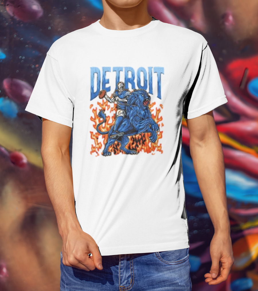 Detroit Lions Skeleton Quarterback Riding Flaming Blue Lion T-Shirt