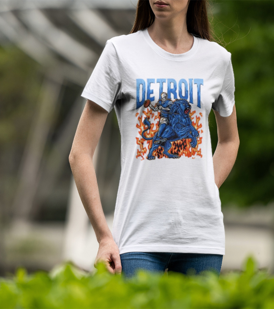 Detroit Lions Skeleton Quarterback Riding Flaming Blue Lion T-Shirt