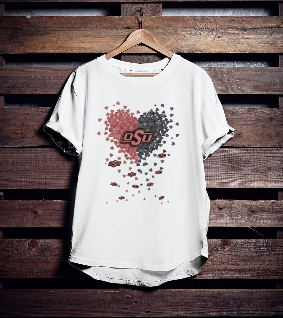 OSU Oklahoma State Cowboys Heart Design Filled With Red And Gray Hearts T-Shirt