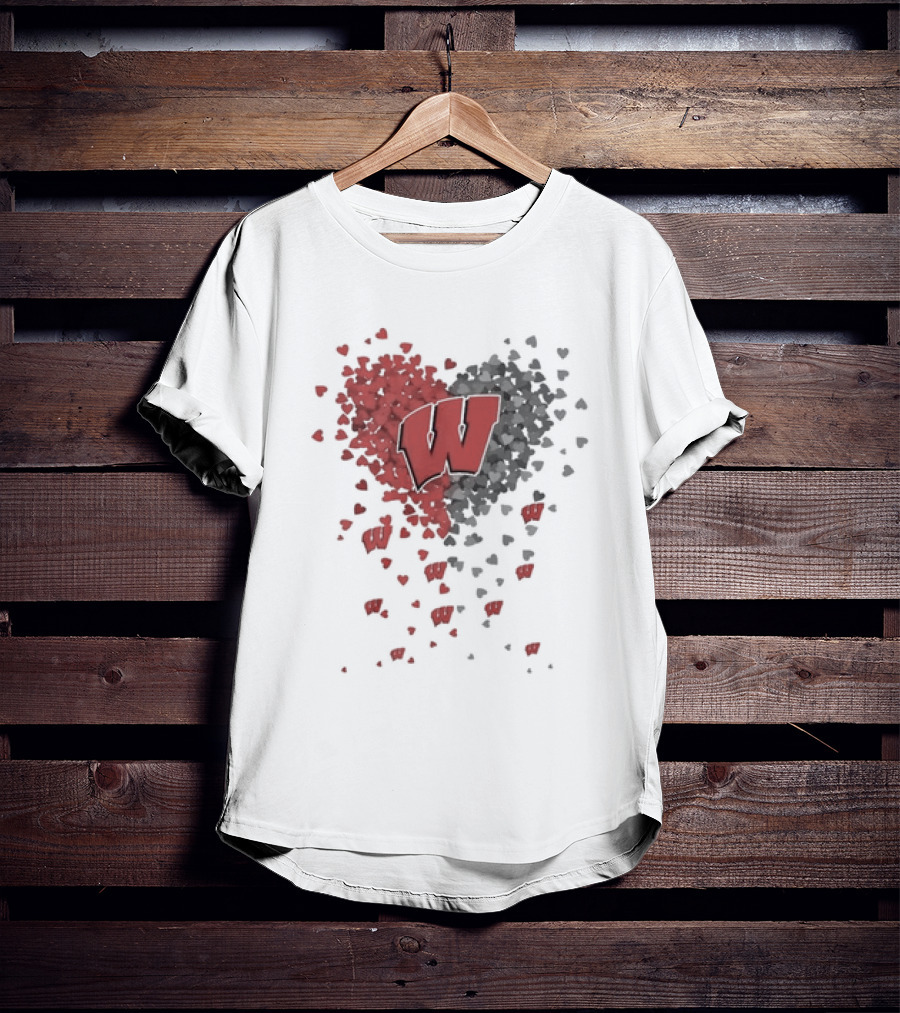 Heart Full Of Wisconsin Badgers Logo With Falling Hearts T-Shirt