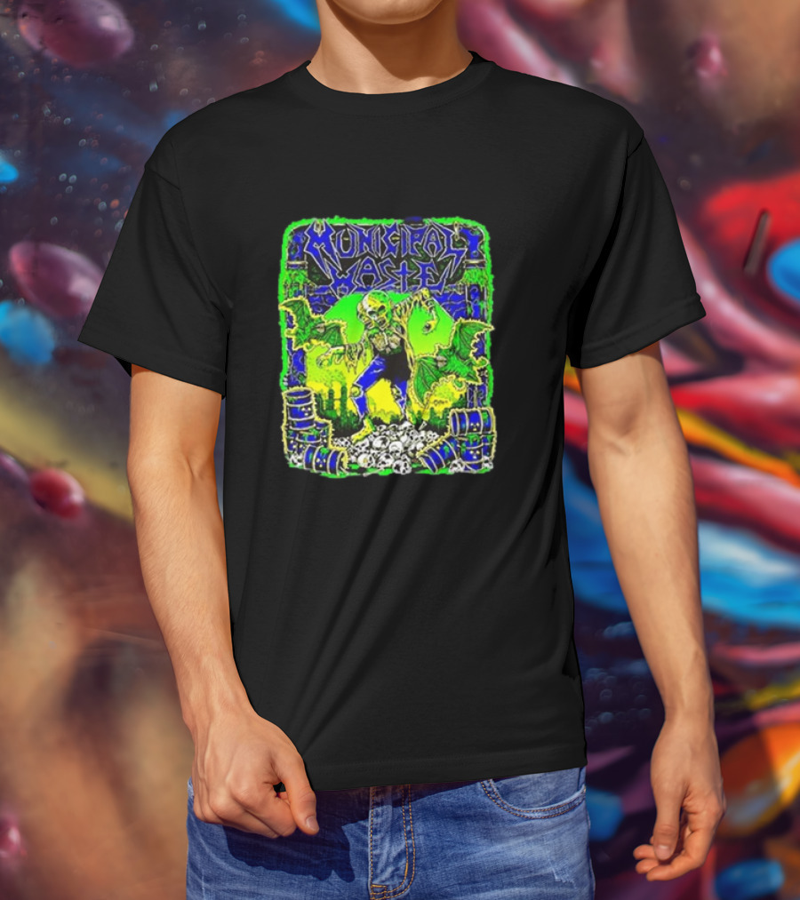 Municipal Waste Radioactive Creature With Toxic Barrels And Green Bats T-Shirt