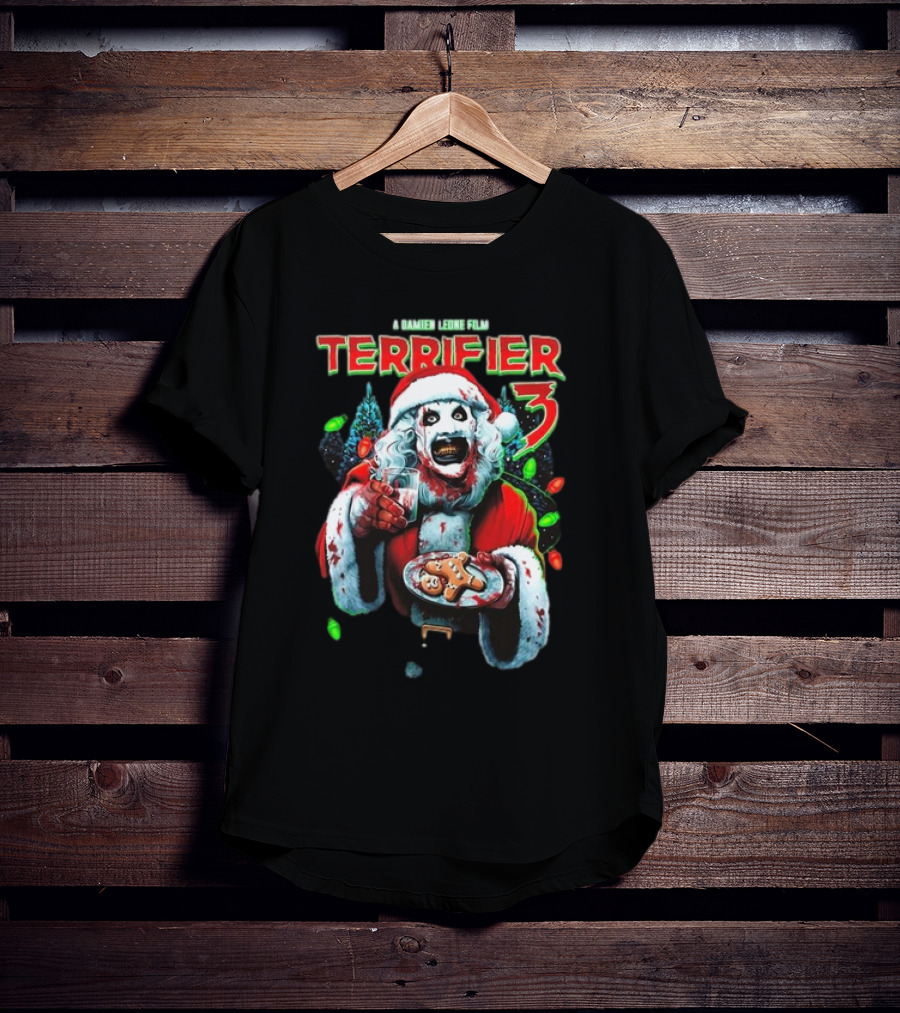 Terrifier 3 A Damien Leone Film Christmas With Milk And Carnage Santa Holding Gingerbread And Glass T-Shirt