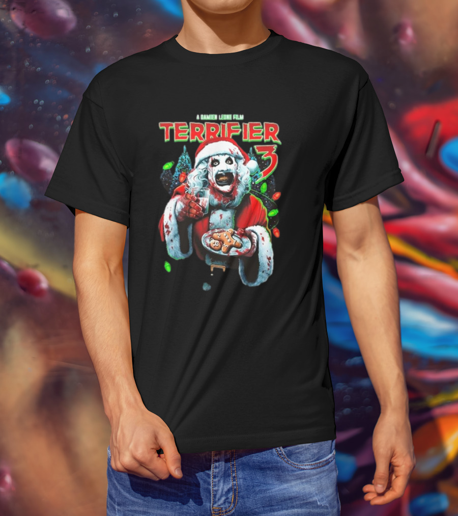 Terrifier 3 A Damien Leone Film Christmas With Milk And Carnage Santa Holding Gingerbread And Glass T-Shirt
