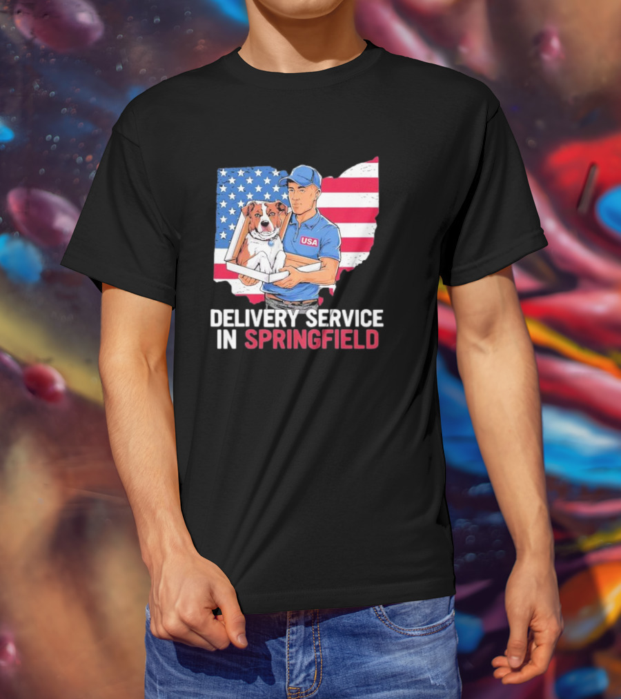 Delivery Service In Springfield USA Dog Parcel Ohio Flag Background T-Shirt