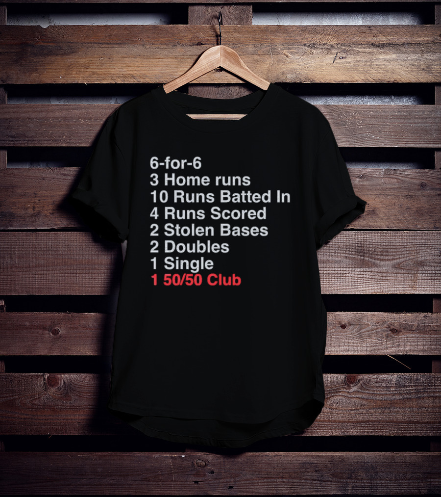 Shohei Ohtani 6-for-6 3 Home Runs 10 Runs Batted In 4 Runs Scored 2 Stolen Bases 2 Doubles 1 Single 50-50 Club T-Shirt