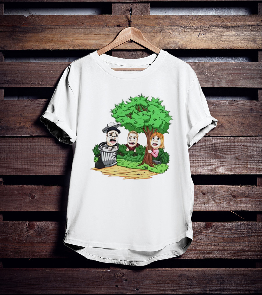 Artem Potokin Little Me Cartoon Characters Hiding Behind Tree And Trash Can T-Shirt