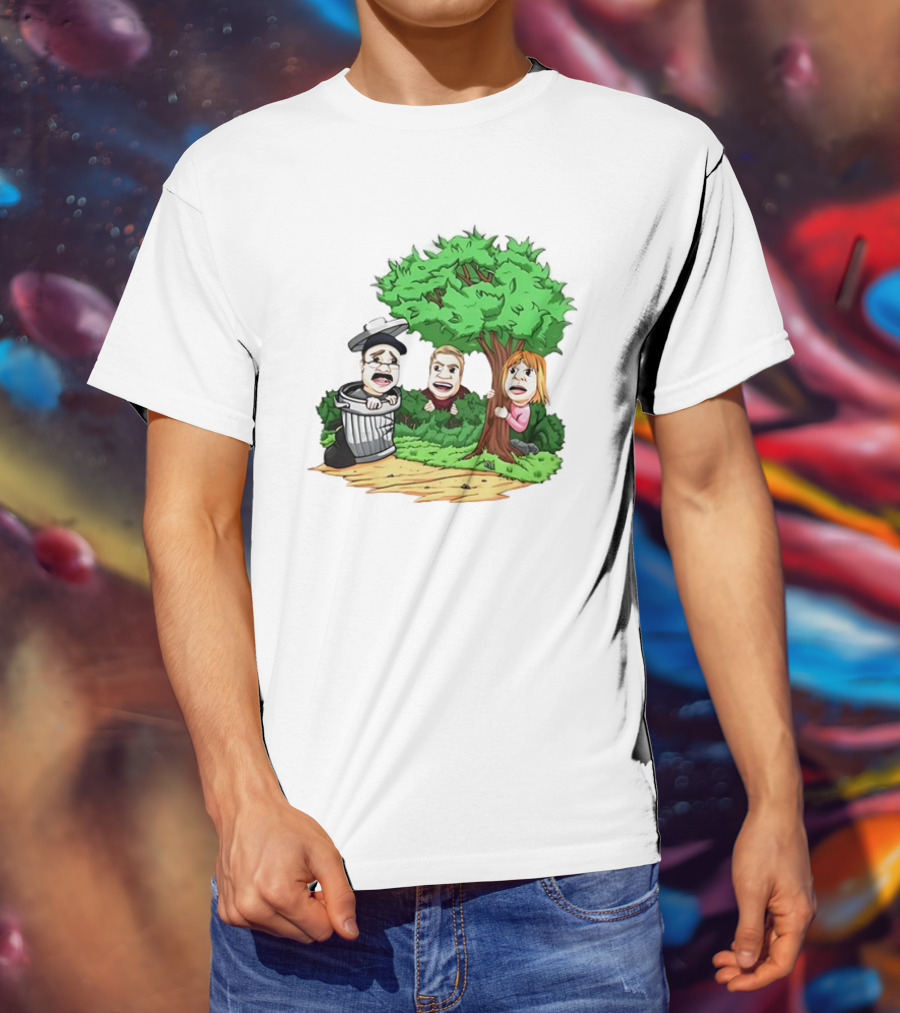Artem Potokin Little Me Cartoon Characters Hiding Behind Tree And Trash Can T-Shirt