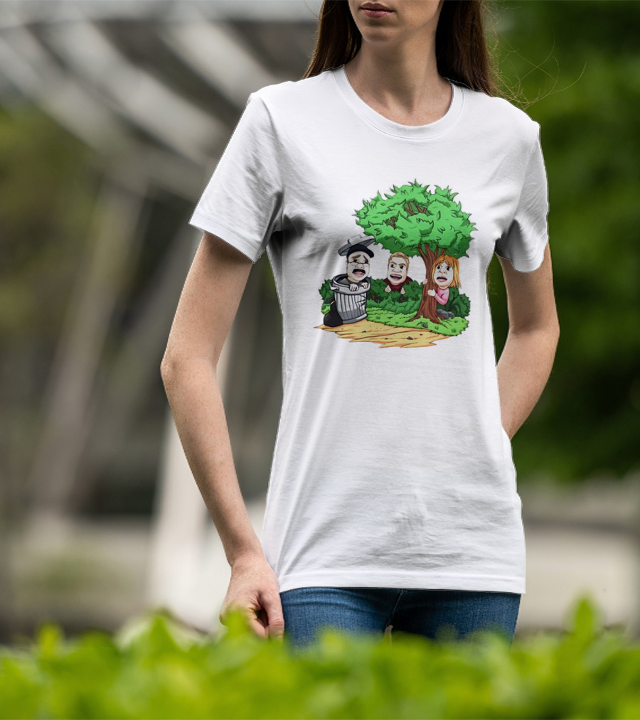 Artem Potokin Little Me Cartoon Characters Hiding Behind Tree And Trash Can T-Shirt