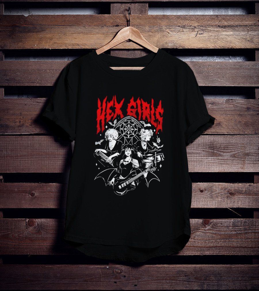 Hex Girls Band Gothic Rock Trio With Instruments And Spiderweb Background T-Shirt