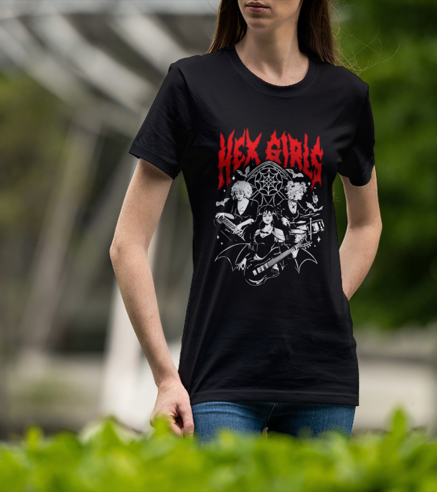 Hex Girls Band Gothic Rock Trio With Instruments And Spiderweb Background T-Shirt