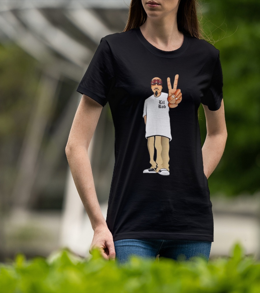 Lil Rob Peace Gesture Cartoon Character With Headband And Bearded T-Shirt