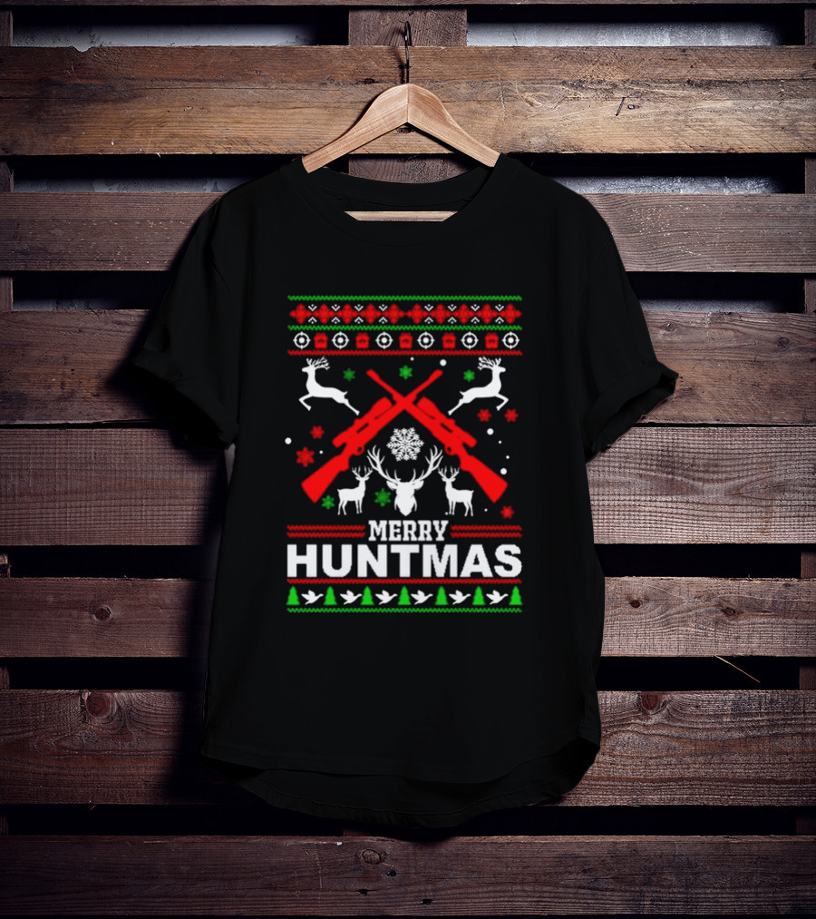 Merry Huntmas Christmas Reindeer Guns And Antlers Holiday T-Shirt