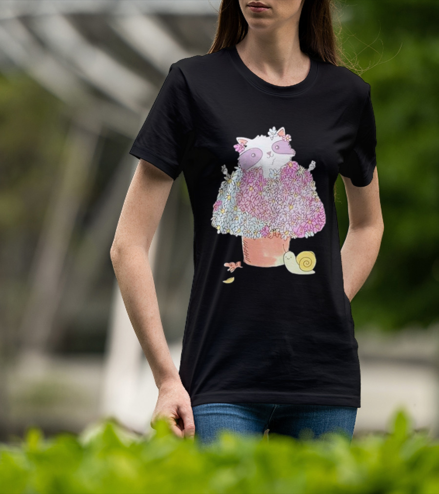 Raccoon In Floral Pot With Snail And Blossoms T-Shirt
