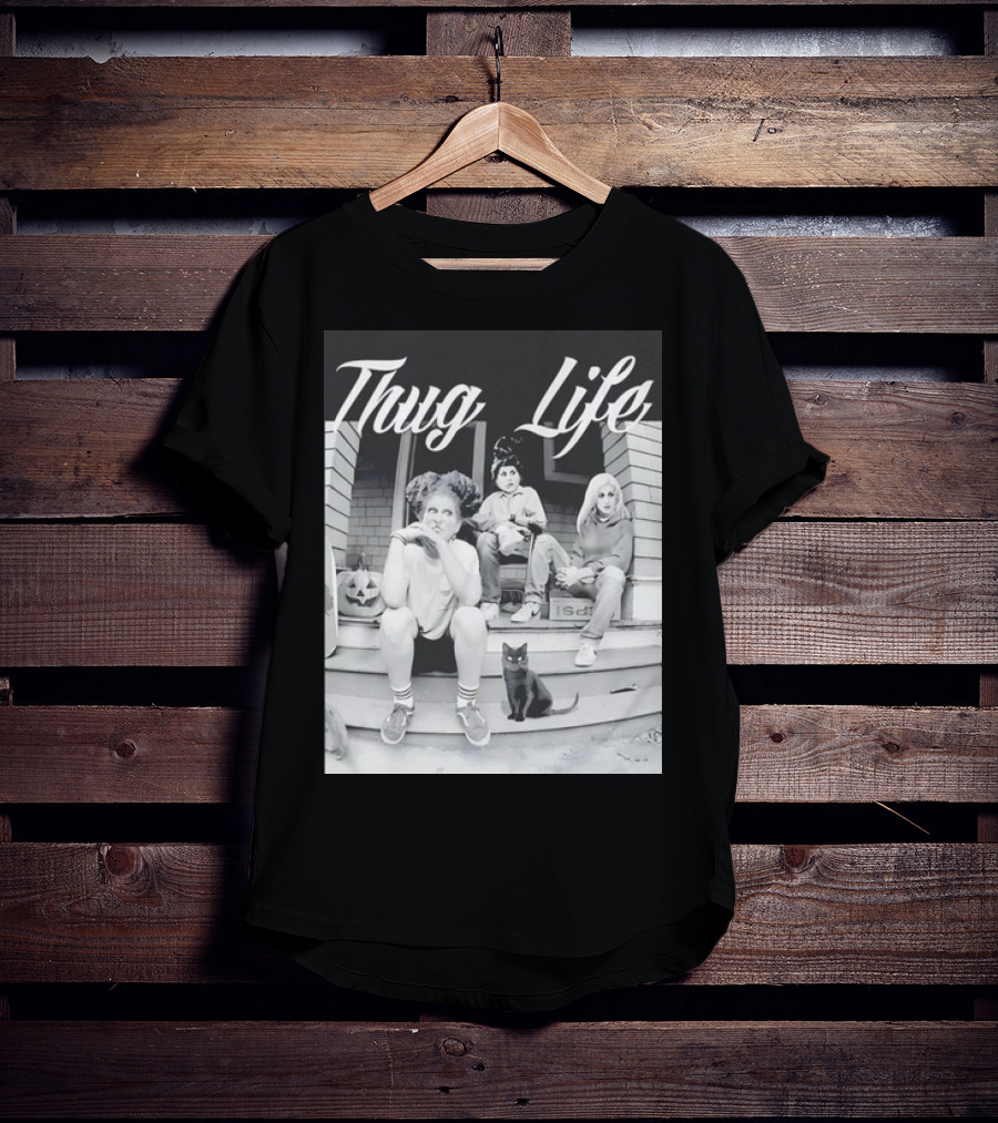 Hocus Pocus Thug Life Witchy Trio With Black Cat And Pumpkin Porch Scene T-Shirt