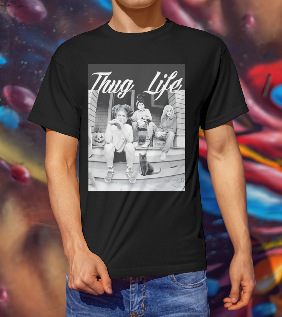Hocus Pocus Thug Life Witchy Trio With Black Cat And Pumpkin Porch Scene T-Shirt