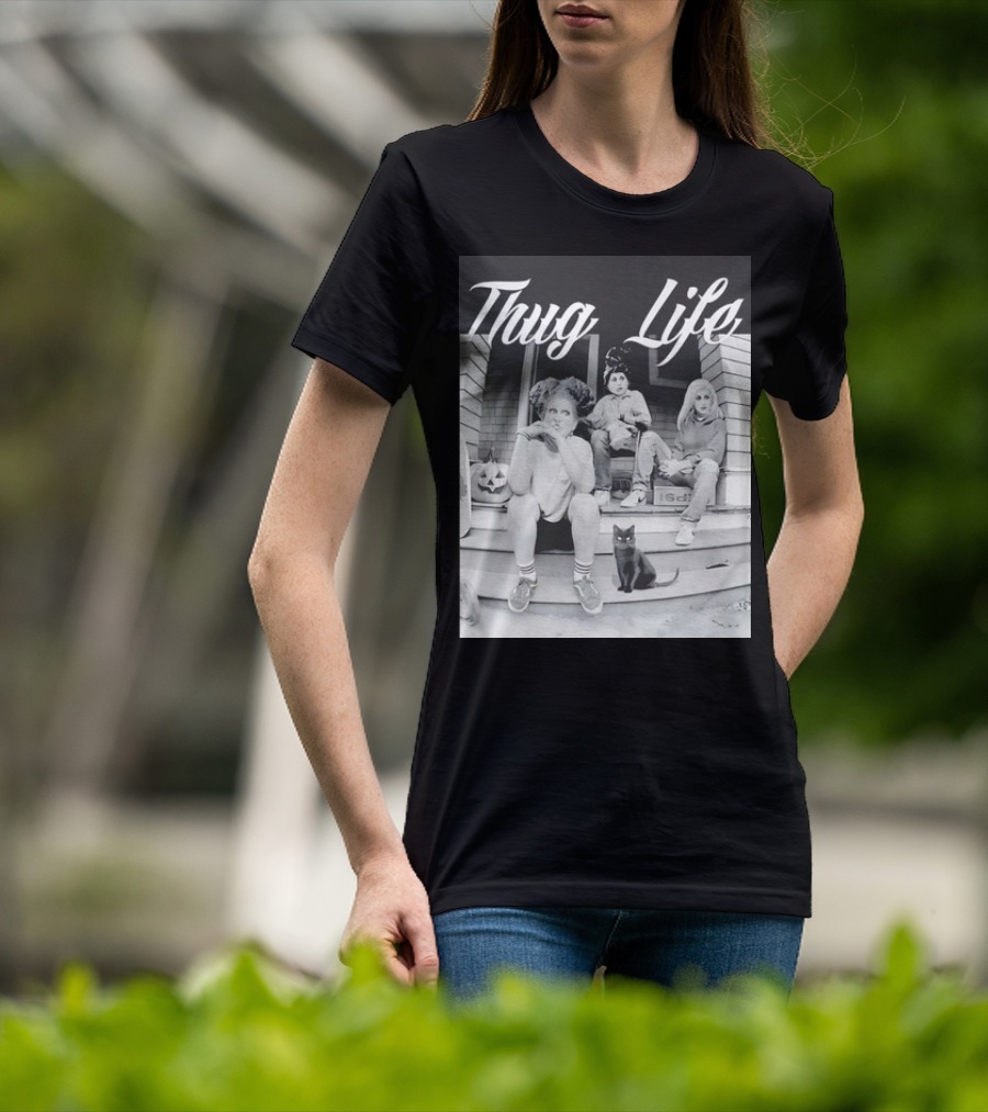 Hocus Pocus Thug Life Witchy Trio With Black Cat And Pumpkin Porch Scene T-Shirt
