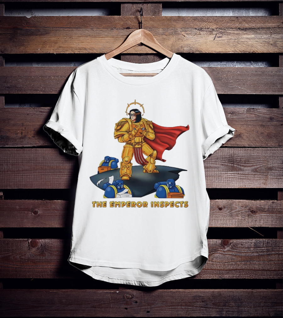 The Emperor Inspects Power Armor With Red Cape And Space Soldiers On Dark Platform T-Shirt