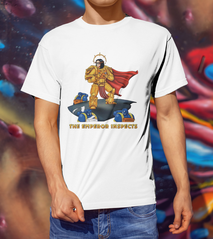The Emperor Inspects Power Armor With Red Cape And Space Soldiers On Dark Platform T-Shirt