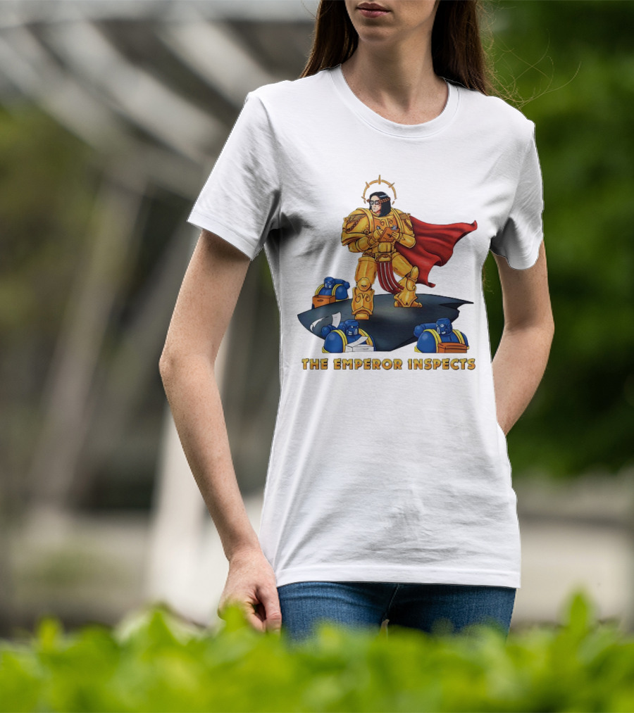 The Emperor Inspects Power Armor With Red Cape And Space Soldiers On Dark Platform T-Shirt