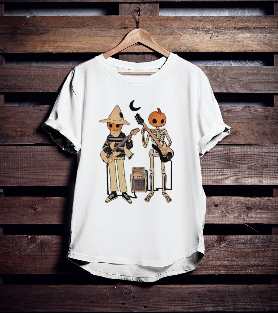 Libby Frame Pumpkin Skeleton Musicians With Crescent Moon T-Shirt