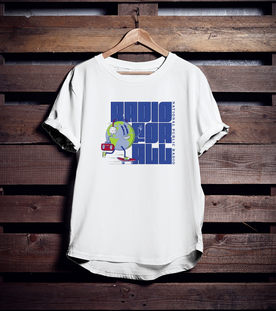 RADIO FOR ALL National Public Radio Cartoon Skateboarding Globe T-Shirt