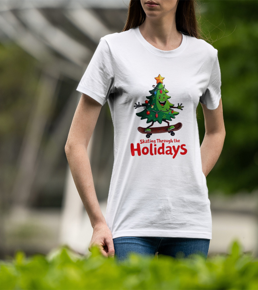 Skating Through The Holidays Christmas Tree Skateboard T-Shirt