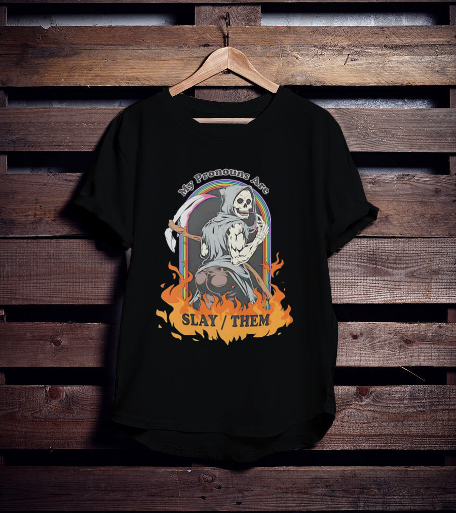 Skeleton My Pronouns Are Slay Them Cartoon Retro Rainbow Flames T-Shirt