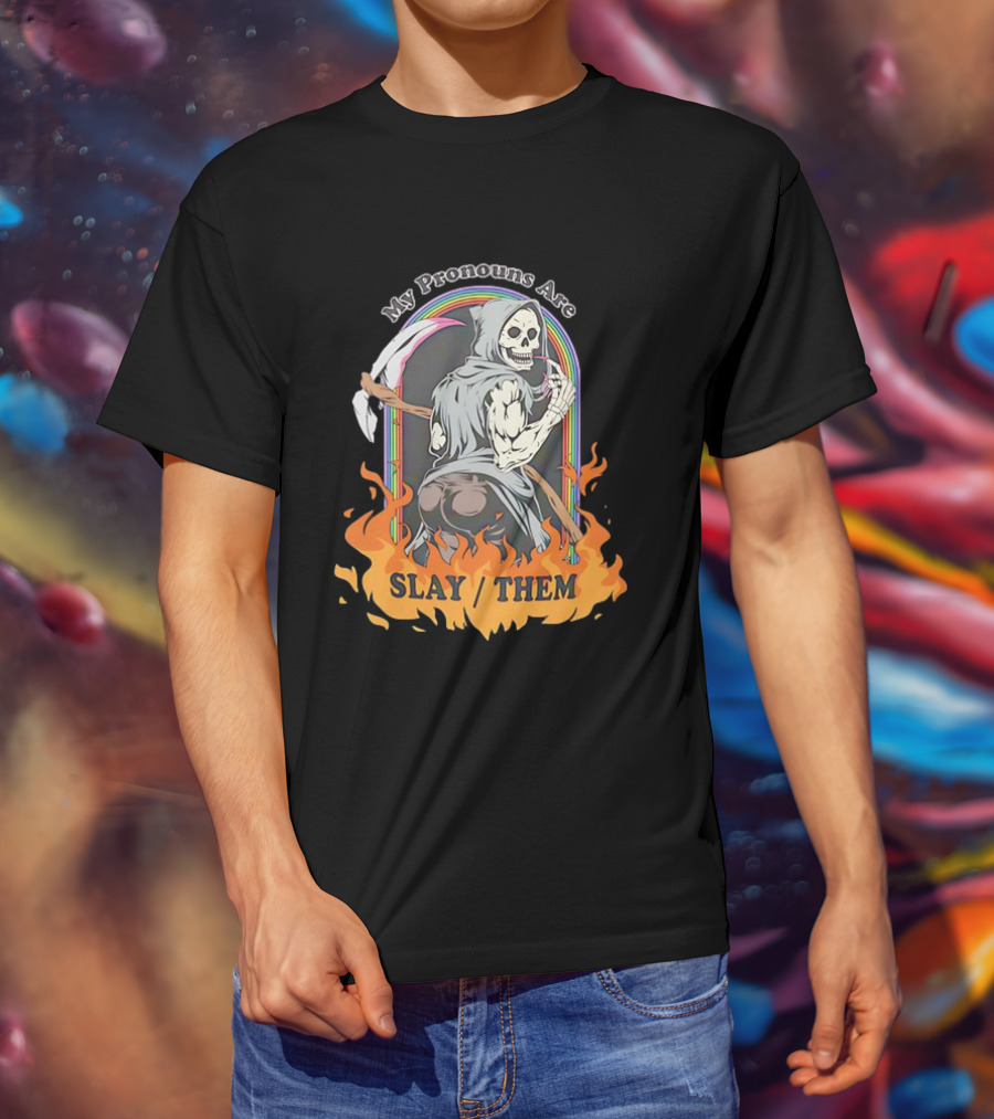 Skeleton My Pronouns Are Slay Them Cartoon Retro Rainbow Flames T-Shirt