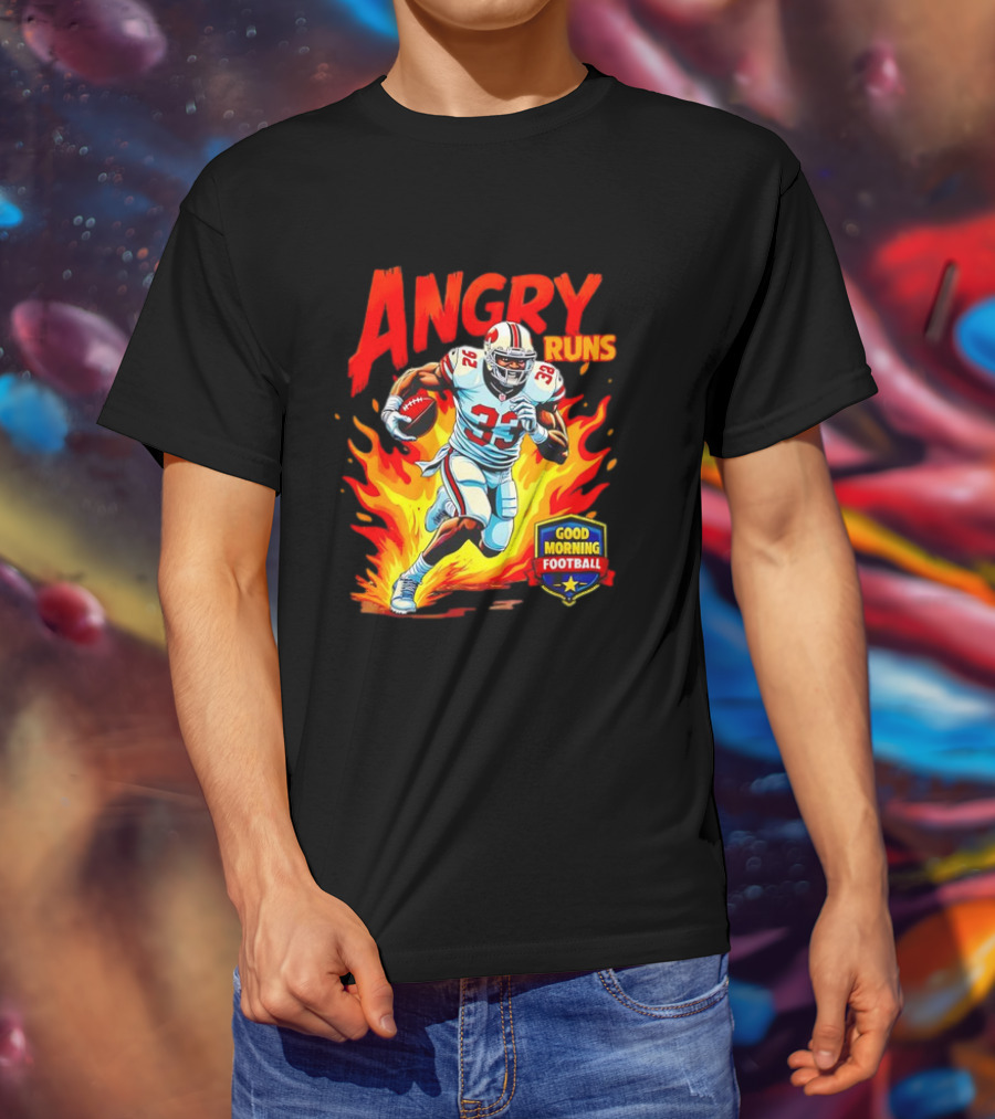 Angry Runs Good Morning Football Flaming Football Player 26 T-Shirt