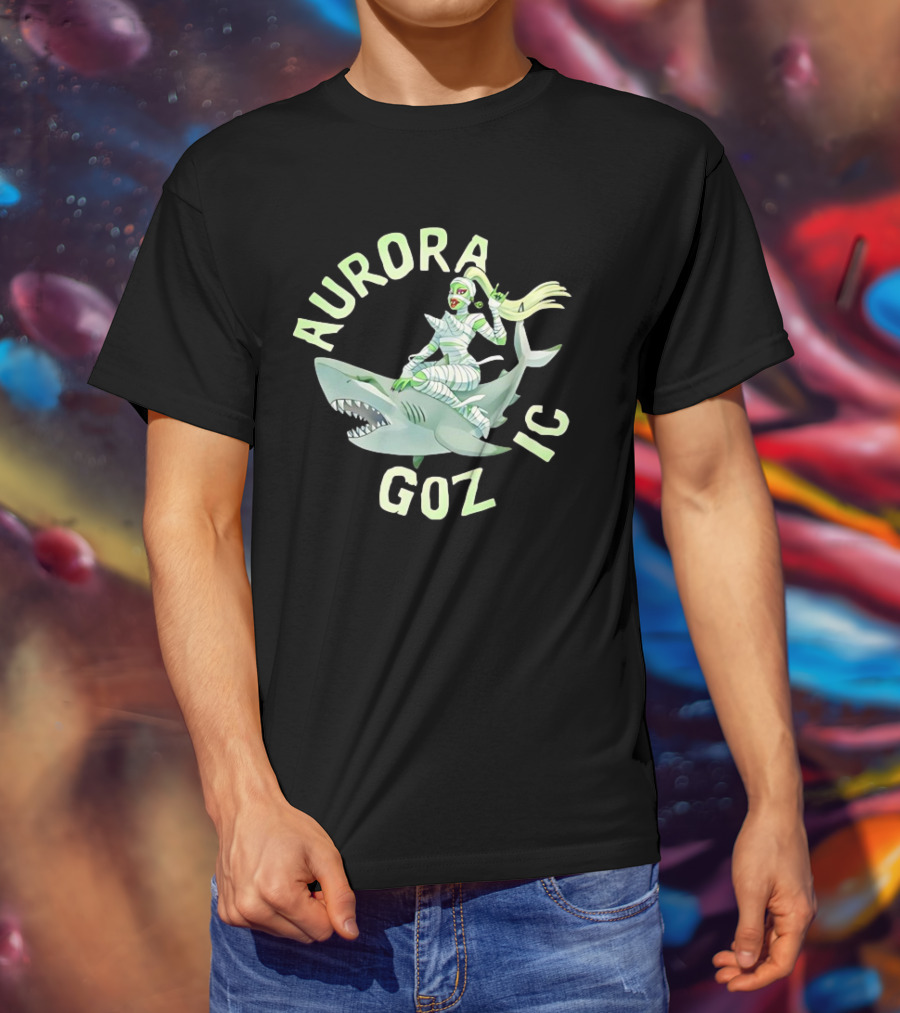 Aurora Gozmic Cartoon Mummy Riding Shark T-Shirt