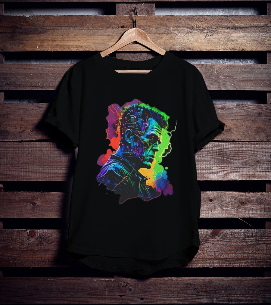 Cyberpunk Frankenstein Neon Circuit Profile T-Shirt