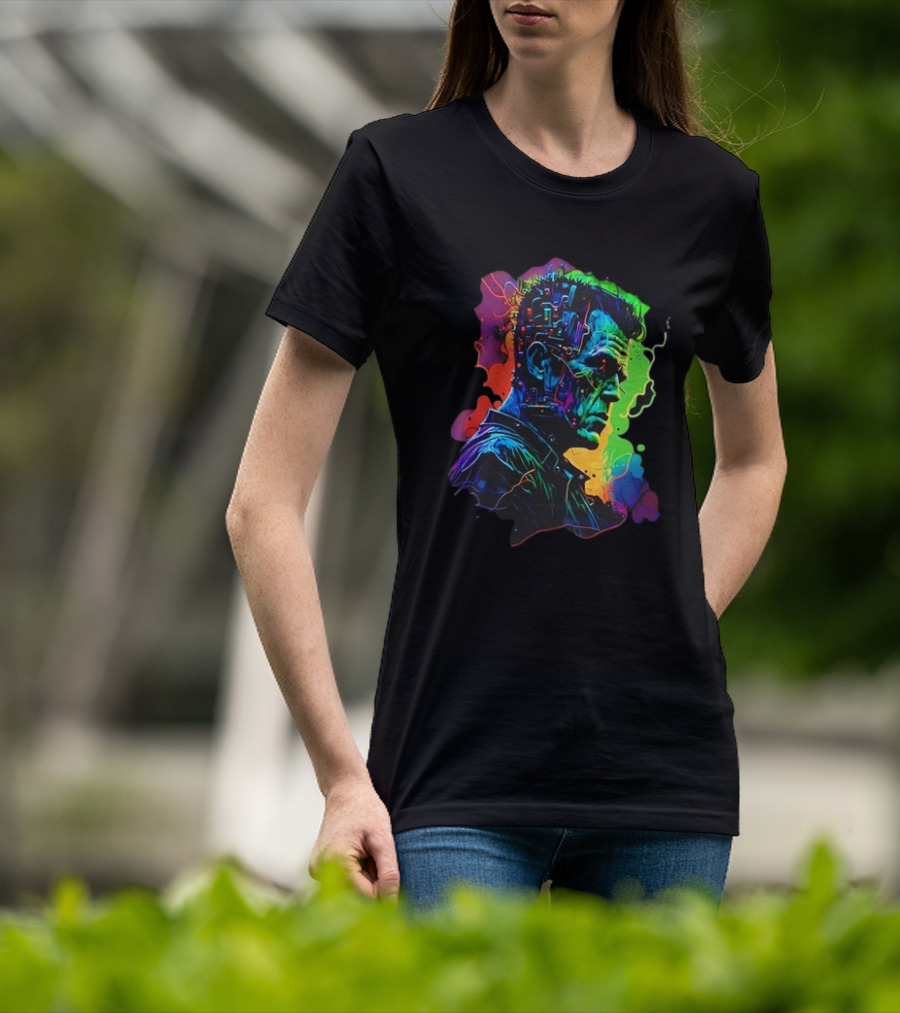 Cyberpunk Frankenstein Neon Circuit Profile T-Shirt